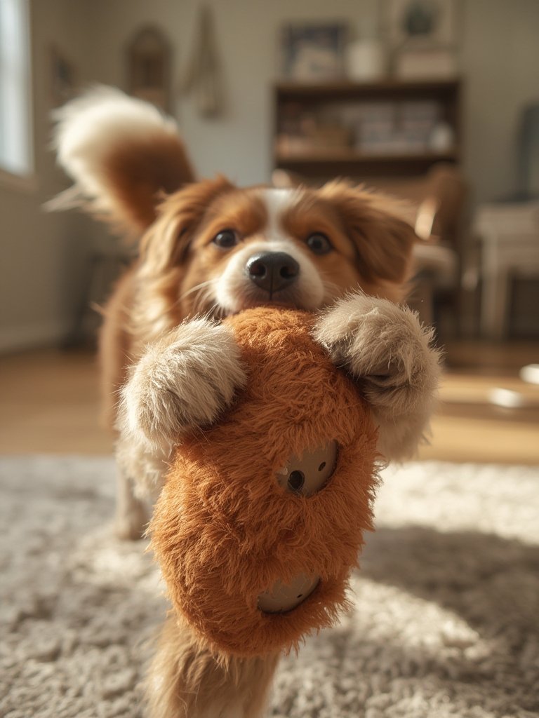 plush dog in action